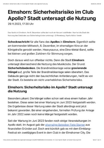 Elmshorn: Sicherheitsrisiko im Club Apollo? Stadt untersagt die Nutzung