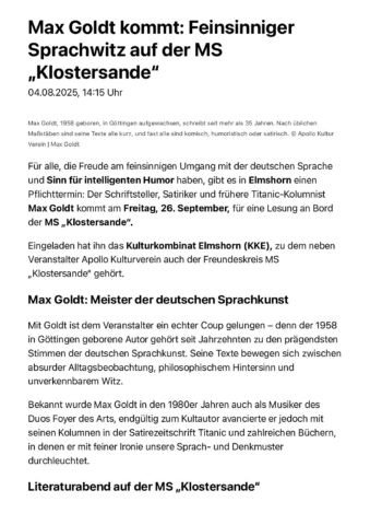 Max Goldt kommt: Feinsinniger Sprachwitz auf der MS „Klostersande“